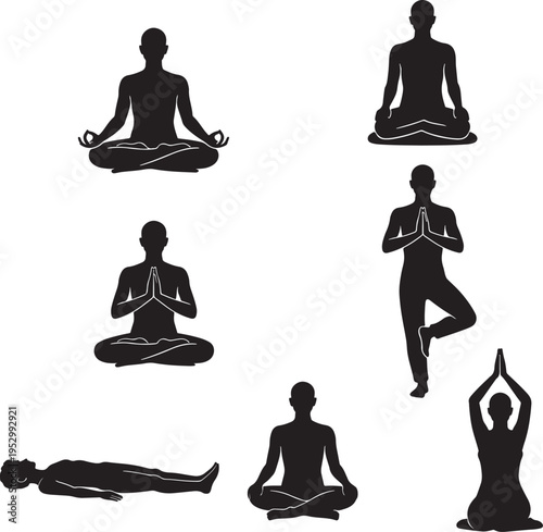 Six essential yoga poses depicted in a simple and elegant black and white illustration