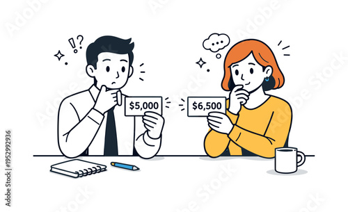 Unexpected pay comparison. A focused scene showing two colleagues quietly comparing salary figures on separate cards. The illustration communicates surprise,