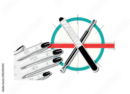 Black and white nail file and cuticle tool crossed beneath polished hand, strong teal circular frame element, bright red horizontal bar cutting across mid
