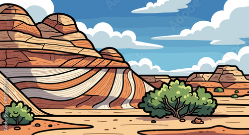 A vibrant desert landscape featuring layered rock formations and sparse vegetation in a cartoon style
