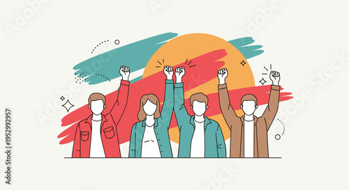 A group of diverse individuals raising their fists in solidarity, illustrated in a modern flat style with vibrant colors
