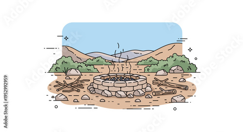 A serene camping scene featuring a stone fire pit surrounded by nature, illustrated in a minimalist style