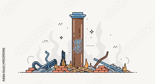 A stylized illustration of an urban scene featuring a graffiti-covered chimney amidst debris and smoke, in a modern, flat design