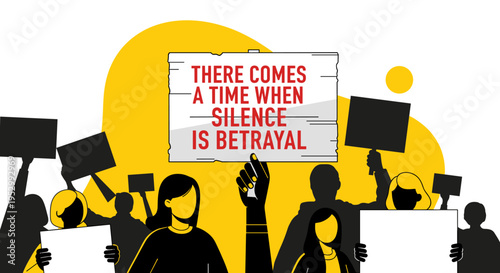 A group of diverse individuals holding protest signs in a modern flat style, conveying messages of social justice