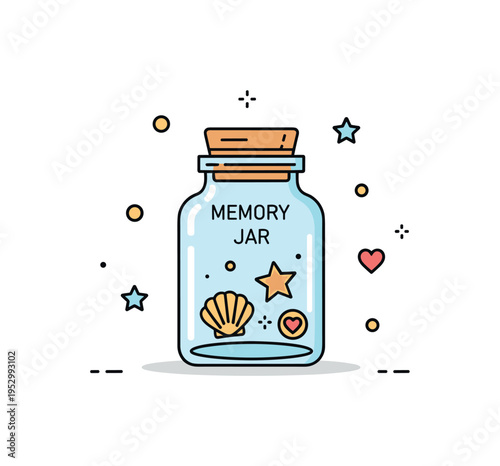 Memory jar travel keepsake illustrated with a small glass jar containing tiny icons like a shell and star, expressing collected moments, nostalgia, and