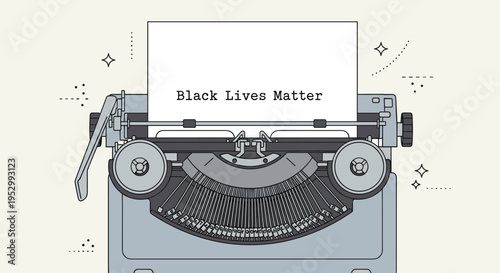 A vintage typewriter featuring a message of support for Black Lives Matter, illustrated in a minimalist style