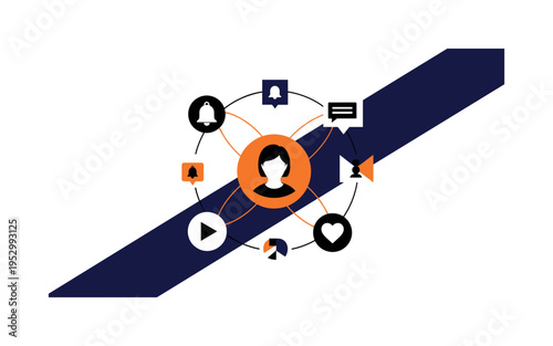 Black and white social media notification icons simplified into geometric shapes orbiting a central portrait, vivid orange circle anchoring center, deep navy