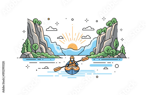Morning kayak on still river surrounded by steep rock formations and thick woodland expressing early day serenity and outdoor wellness. Subtle sun rays and