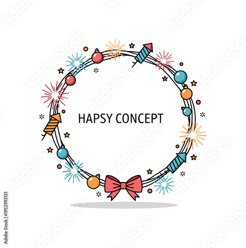 New Year wreath with small fireworks icons and metallic colored baubles expressing excitement and fresh beginnings. The central empty space functions as a
