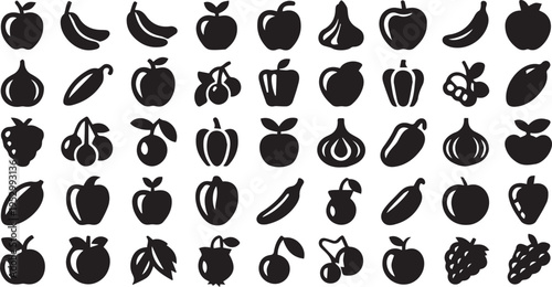   
Fruit and vegetable silhouette icons with banana apple pepper grape onion eggplant cherry strawberry vector illustration