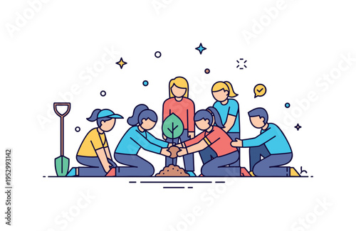 Volunteer teamwork event featuring several simplified figures planting a small tree together, highlighting cooperation and collective care for the environment.