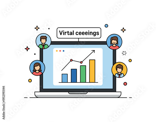 Virtual team presentation centered on a laptop with a rising bar chart on screen symbolizing progress and shared success during online meetings.