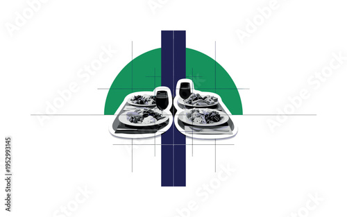 Black and white shared meal scene with two plates across a table, oversized emerald semicircle framing upper background, deep navy vertical stripe dividing