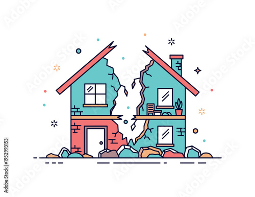 Natural disaster destruction highlighting a broken residential structure split in half with exposed interior silhouette and scattered rubble below. The compact