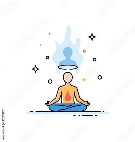 Astral projection spiritual concept centered around a calm meditating figure with a soft translucent silhouette gently rising above the body, symbolizing
