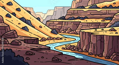 A picturesque canyon landscape featuring a winding river, illustrated in a vibrant, modern flat style