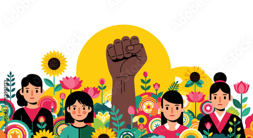 A vibrant illustration featuring diverse women surrounded by colorful flowers, showcasing unity and empowerment in a modern flat style