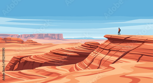 A vast desert landscape featuring layered rock formations and a lone figure standing on a cliff, illustrated in a modern flat style