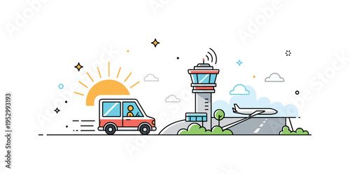 Early morning ride to departure terminal with a compact vehicle driving toward a simplified control tower and runway in the distance. Soft rising sun elements
