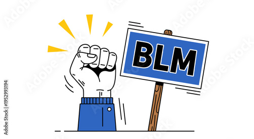 A raised fist holding a sign with 'BLM' text, featuring a modern flat design style, symbolizing activism
