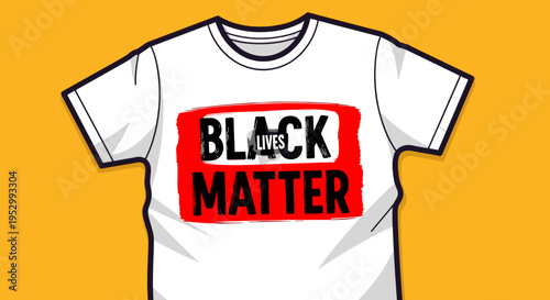 A graphic illustration of a t-shirt featuring a bold 'Black Lives Matter' design, with a modern and vibrant style