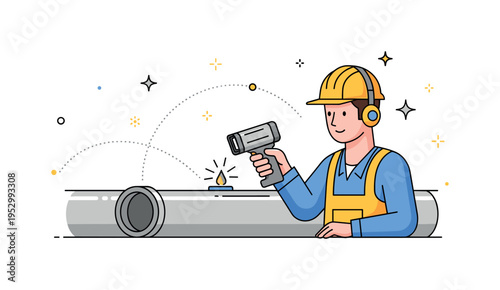 Maintenance technician using a compact leak detection scanner on a pipe segment representing proactive infrastructure management. Subtle dotted lines and spark