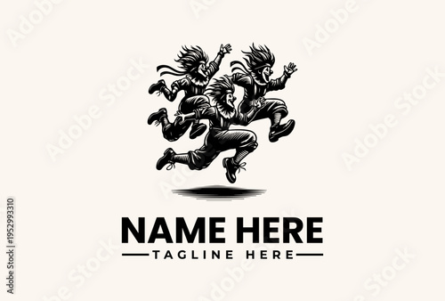 A black and white illustration of a dynamic logo featuring multiple humanoid figures in motion, with a bold typographic template for a name and tagline on a clean background.