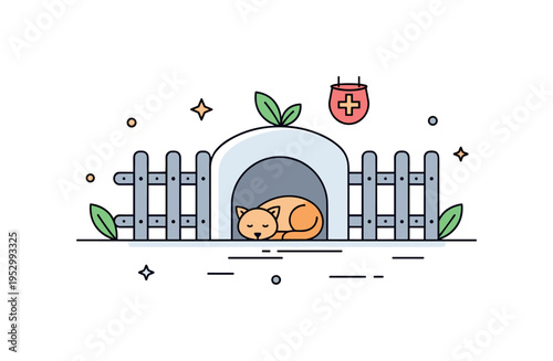 Rehabilitation center enclosure scene showing a small animal resting in a safe fenced area symbolizing temporary shelter and gradual recovery. Subtle leaf