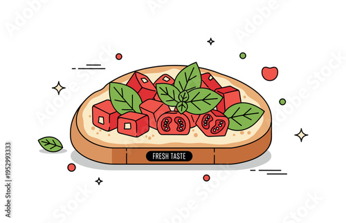 Bruschetta with fresh tomatoes and basil arranged on a crisp toasted slice capturing the essence of simple Mediterranean flavors and summer gatherings. Juicy