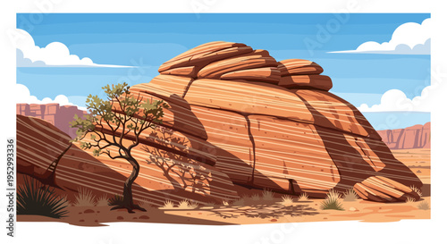 A vibrant desert landscape featuring a large rock formation and a solitary tree, illustrated in a modern, flat style