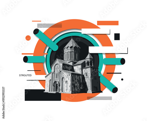 monochrome ancient stone church in the Caucasus region, framed by bold orange circular frame and teal cylindrical shapes intersecting edges, abstract flat