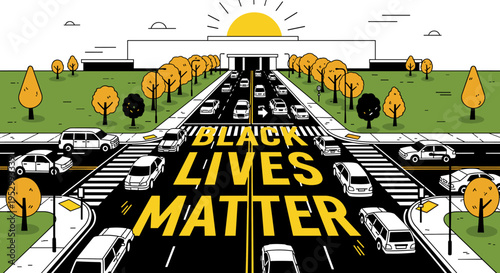 A vibrant illustration depicting a busy street scene with the message 'Black Lives Matter' in bold typography, featuring a modern, flat design