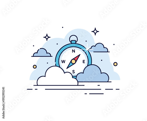 Searching for direction in the mist concept featuring a small compass icon surrounded by soft fog shapes and a faint glow accent, expressing hope, guidance,