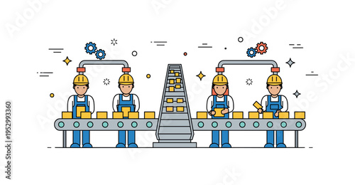 Factory workers operating an assembly line with a central conveyor belt and neatly arranged products, expressing teamwork, efficiency, and structured