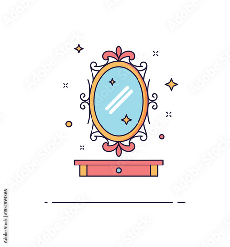 Vintage reflection decor theme illustrated by an ornate oval mirror centered above a simple console with a small drawer knob detail and subtle sparkle in the