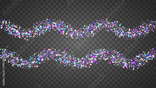 Holographic Tinsel. Pink Glitch Glitter And Blue Carnaval Confetti. Abstract Birthday Background. Vector Banner Of Iridescent Elements And Firecracker. Purple Holographic Tinsel