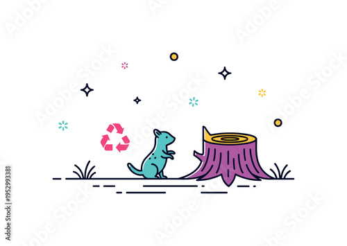 Wildlife displacement symbol featuring a small animal silhouette standing near a cut tree stump. The composition emphasizes biodiversity loss and the fragile