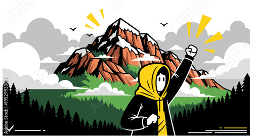A person in a yellow hoodie triumphantly raises a fist against a backdrop of majestic mountains and clouds, in a modern illustrative style