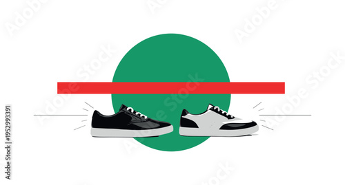 Black and white pair of sustainable travel shoes placed side by side, vivid emerald green circle centered behind, bright red horizontal bar cutting across mid