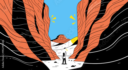 A stylized illustration of a person exploring a vibrant canyon landscape, featuring bold colors and a modern design