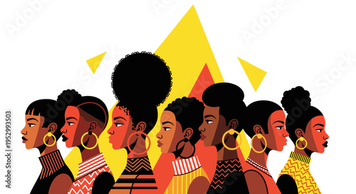 A vibrant illustration of diverse women with various hairstyles, featuring bold colors and geometric patterns