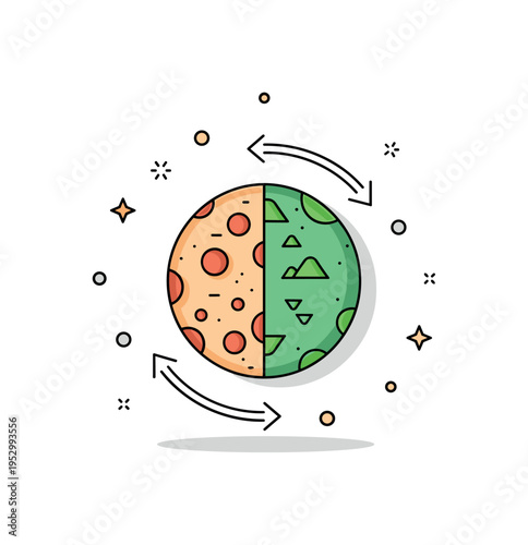 Terraforming concept visualization showing a barren planet half transformed into a green landscape with subtle arrow transition elements, representing human