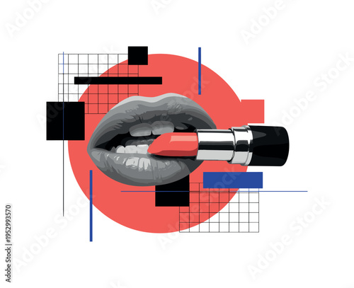 monochrome lips slightly parted with lipstick tip approaching, vivid coral circular backdrop anchoring composition, flat geometric blocks and thin grid lines