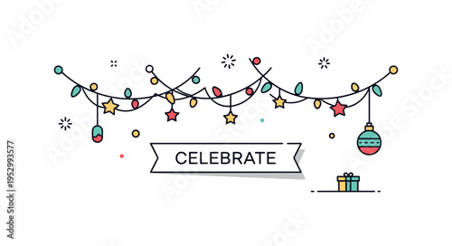 Holiday garland decorative string of lights and small stars gently curved above a simple banner with the word Celebrate. The scene captures cheerful atmosphere