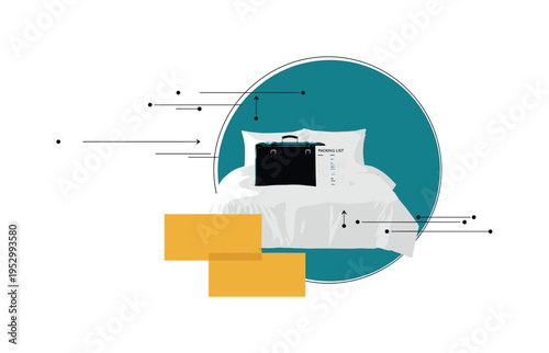 minimalist monochrome image of suitcase on bed with packing list nearby, contrasted by bold teal circular backdrop and mustard yellow rectangular shapes, thin