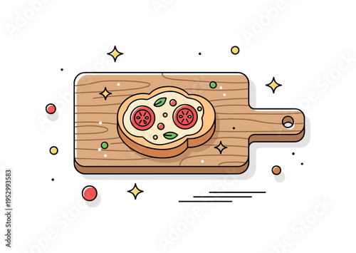 Bruschetta on rustic wooden board conveying cozy gathering atmosphere and homemade hospitality. A single highlighted slice becomes the central feature icon