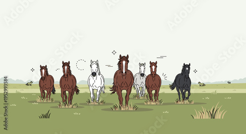 A group of six horses in various colors standing in a grassy field, illustrated in a minimalist style