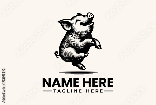 Black and white illustration of a dancing pig logo with a tagline on a beige background, featuring bold typography and a playful design.