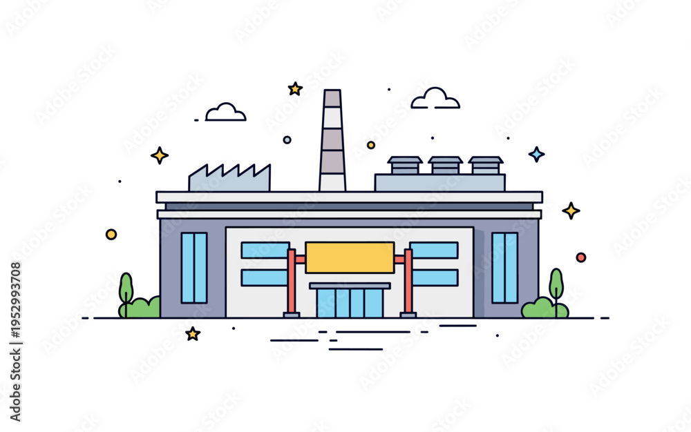 Fototapeta premium Industrial park factory frontage illustrated by a modern rectangular building with rooftop vents and a centered signage panel. The scene reflects clean