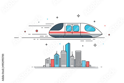 Next generation rail innovation illustrated by a capsule pod gliding above a simplified city skyline representing ultra fast urban connectivity.